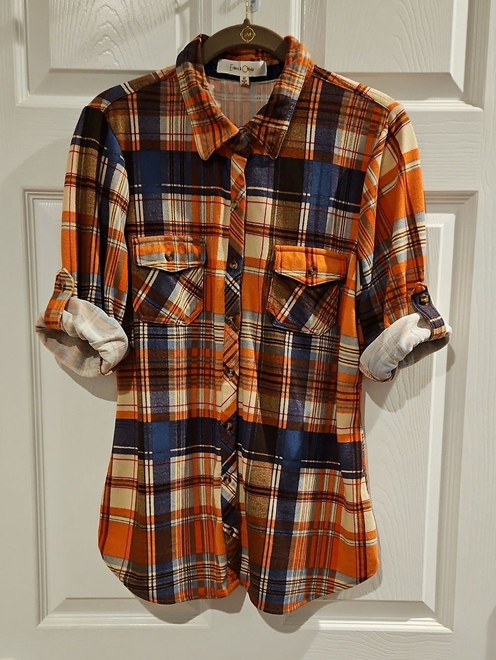 Eden & Olivia Orange and Navy Plaid Button-Down Shirt - Picture 1 of 3